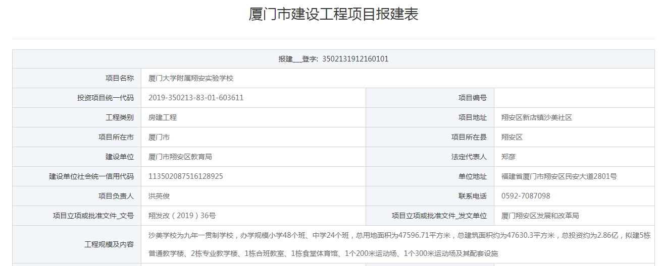 厦大附属翔安实验学校报建 规划为九年一贯制学校