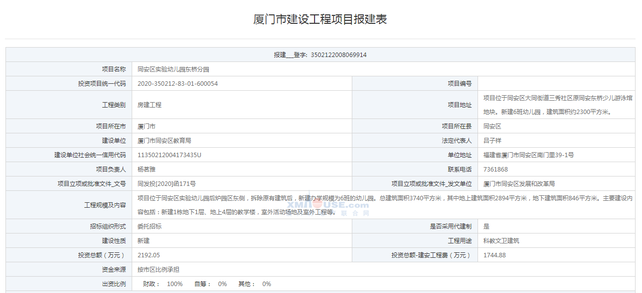 同安区实验幼儿园将建东桥分园 总投2192万拟建6班