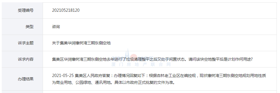 官方:集美华润橡树湾三期东侧空地为商业用地/公园绿地