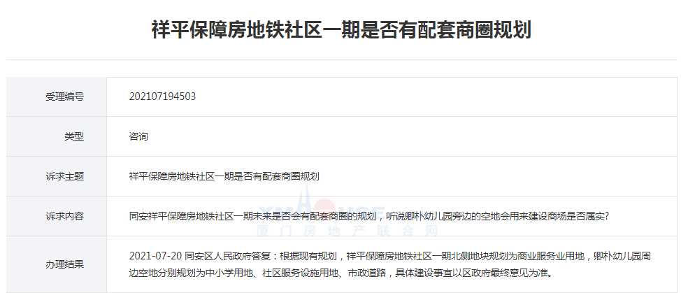 同安祥平保障房地铁社区周边规划商场、中小学用地