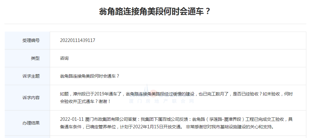 翁角路(孚莲路-厦漳界段)工程计划1月15日开放交通