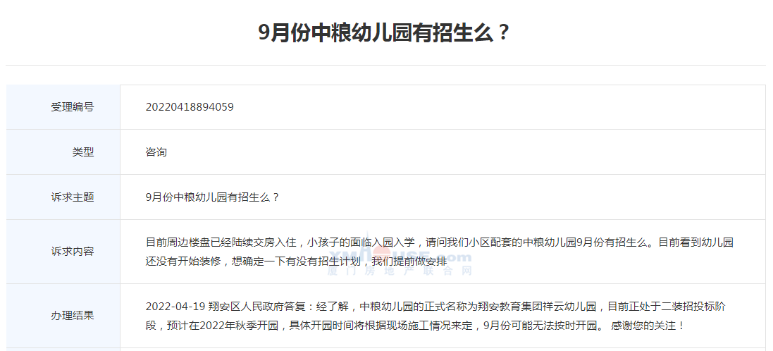 翔安教育集团祥云幼儿园预计秋季开园 但是9月可能…