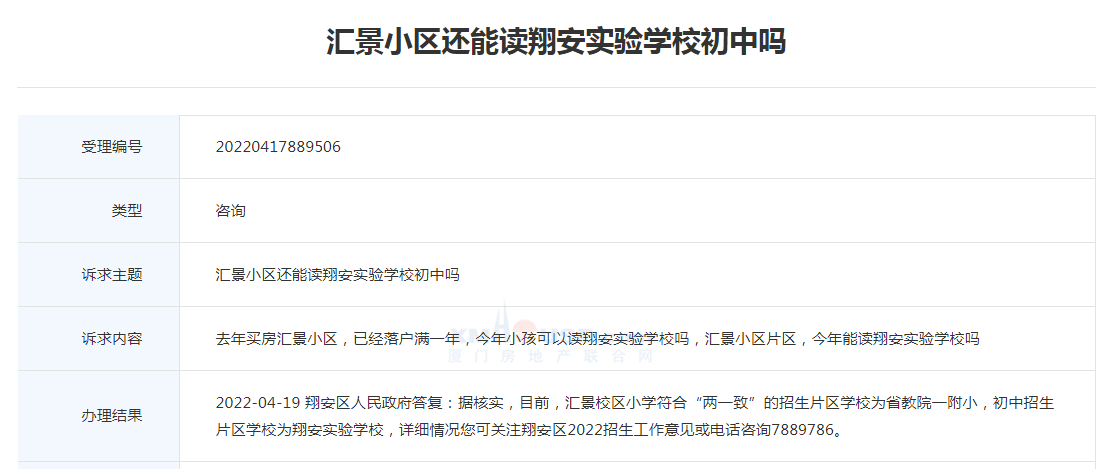 汇景小区小学划片省教院一附小 初中为翔安实验学校